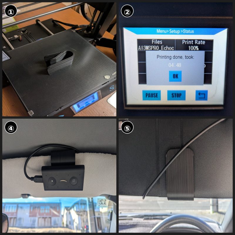 3Dプリンターの液晶画面に「Printing done, took: 04:48」と表示されている。ファイル名はA13MSPRO_Echoc、印刷レート100%