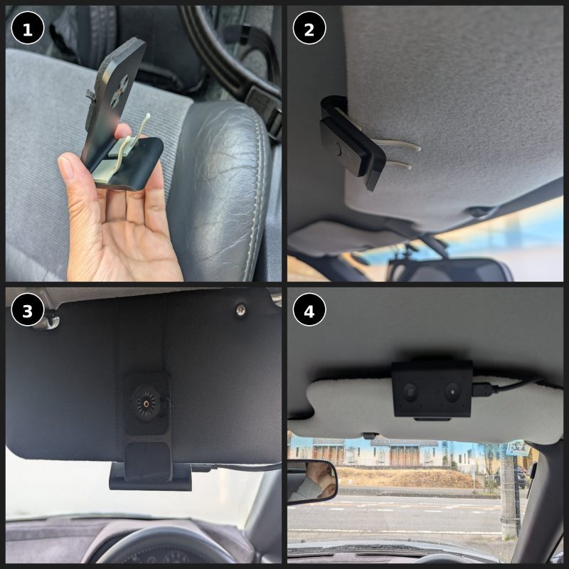 ①分解したブラケットとサンバイザークリップを手に持っている様子、②クリップをサンバイザーに差し込んだ状態、③サンバイザー裏面にブラケットを固定した状態（マイクが見える）、④Echo Autoを取り付けた完成形を車内から見上げた様子。