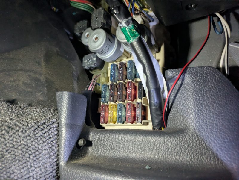 トヨタセリカST165の運転席足元に設置されたヒューズボックス。エンジンヒューズ・チャージヒューズの点検箇所。